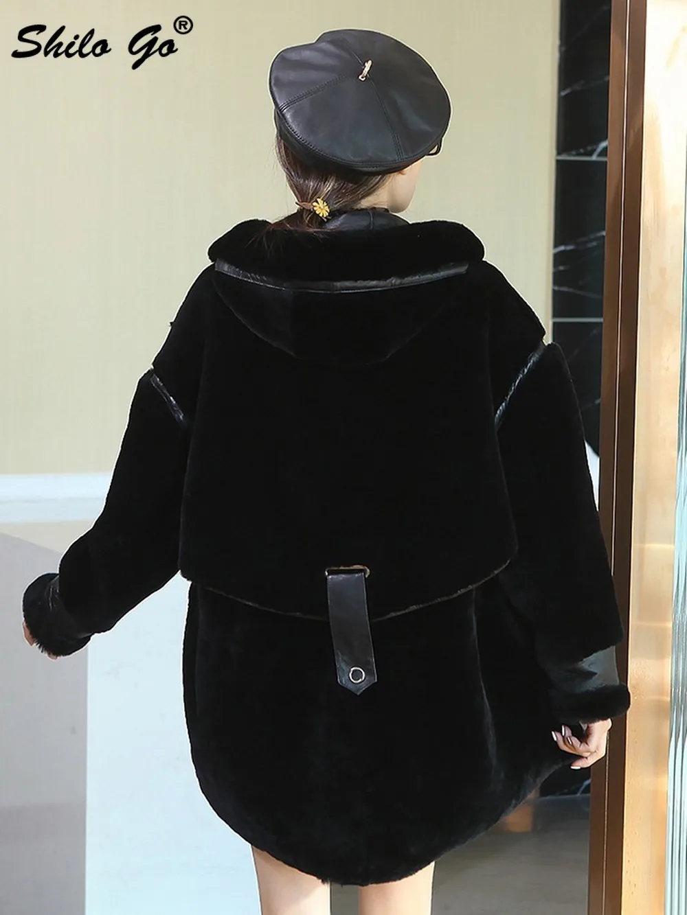 

Casual Hooded Drop Shoulder Buckle Belted Thermal Padded Coat Women Winter Casual Double Faced Fur Jacket Thick Warm Outwear