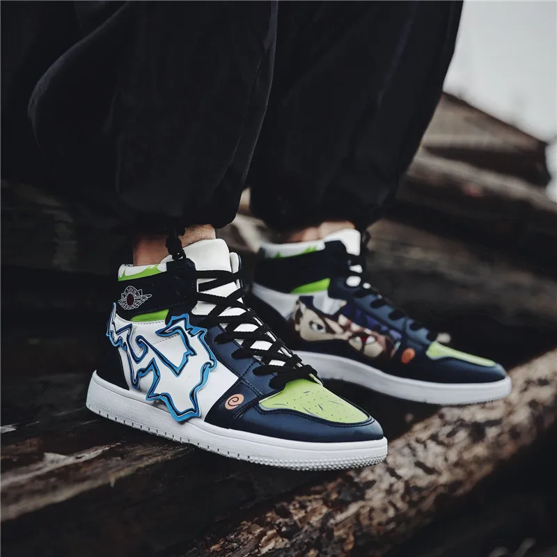 

Мужские кожаные кроссовки с аниме-рисунком, высокие берцы для тенниса, Повседневная Уличная обувь для пар, на плоской подошве