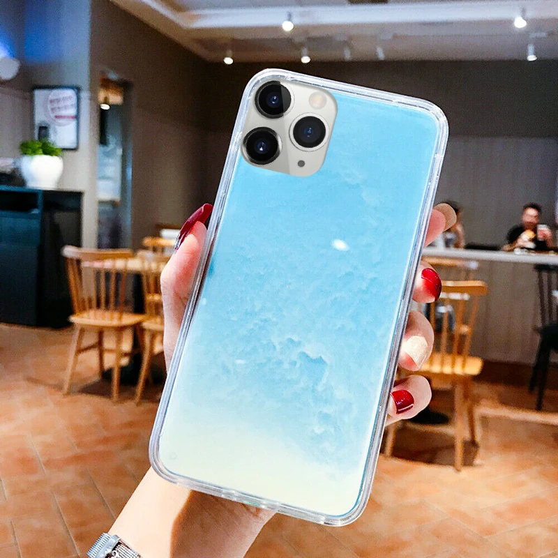 Светящиеся неоновые песок чехол для samsung S8 9 10 плюс Note10 8 9 A50 A70 40 светится в темноте Жидкий блеск зыбучие пески чехол iPhone 11 - Цвет: Light Blue