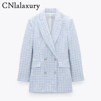 2021 new spring women new casual tweed blazer za vintage office lady autumn jacket coat double breasted outwear female chic tops