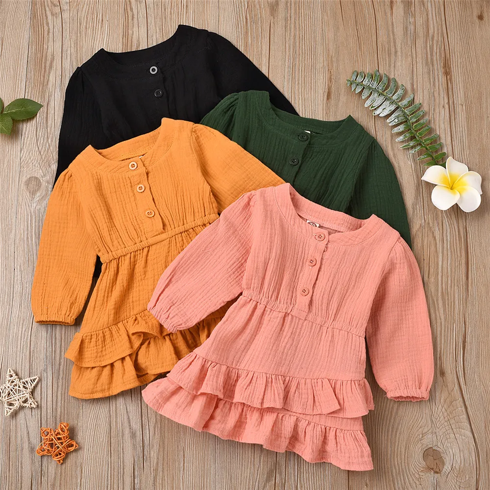 

2020 Autumn Winter Baby Girl Dress High-Waist Midi Dresses Long Sleeve Round Collar Princess Buttons Layered Flouncing