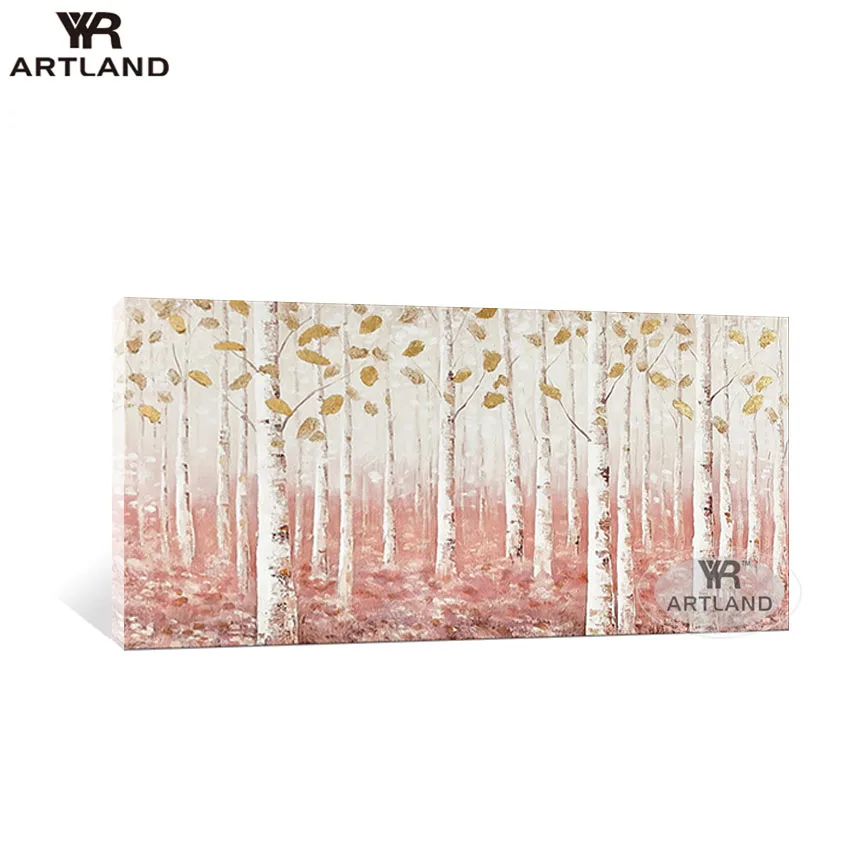 

Свадебное украшение, красивый розовый пейзаж, березовый лес, ручная роспись маслом на холсте, Настенная картина для гостиной, кровати