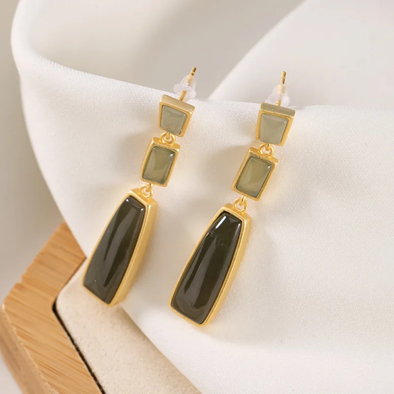 

Natural 925 sterling silver gilded inlaid hetian cyan jade square geometry simple retro individuality earrings for women