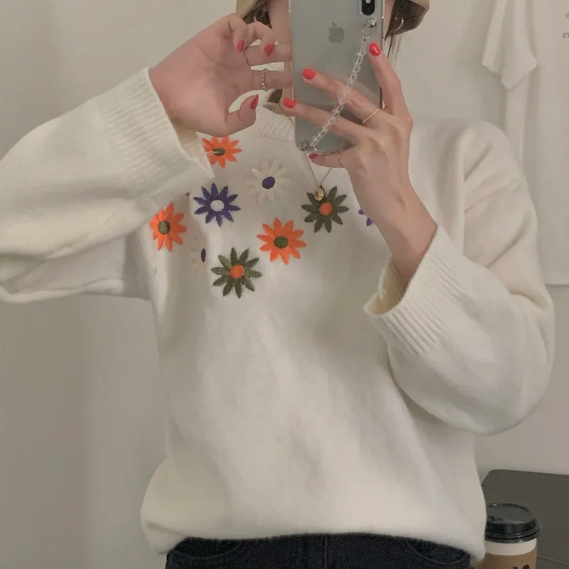 

Female Oversized Sweater Autumn Winter Clothes Women 2021 Pullovers Embroidery Floral Loose Sweet Style Korean Fashion Clothes
