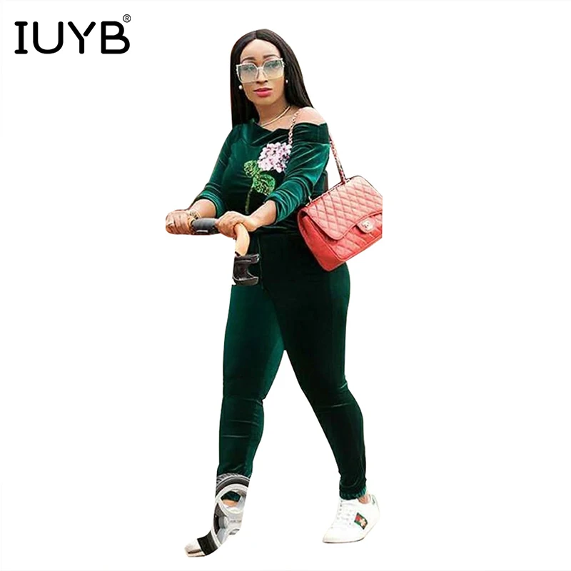 Зеленый IUYB Весна Matuer умеренный сексуальный стиль для женщин Jumpauits цветочный Slash шеи длинный рукав Тощий замшевый длинный комбинезон BN9128 - Цвет: Зеленый