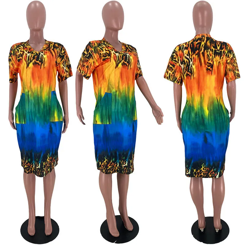 

ZKYZWX Sexy Plus Size Leopard Print Loose Dress Short Sleeve V Neck Summer Outfits for Women Gradient Pocket Club Midi Dresses