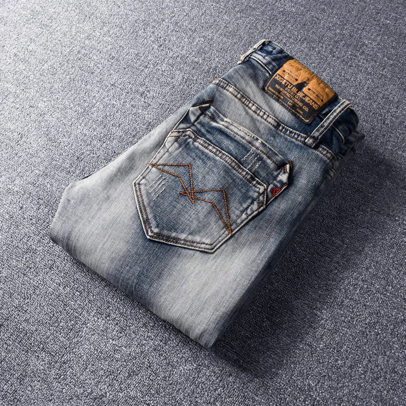 Italian Style Fashion Men Jeans Distressed Wash Elastic Cotton Slim Fit Scratch Vintage Designer Jeans Men Retro Denim Pants