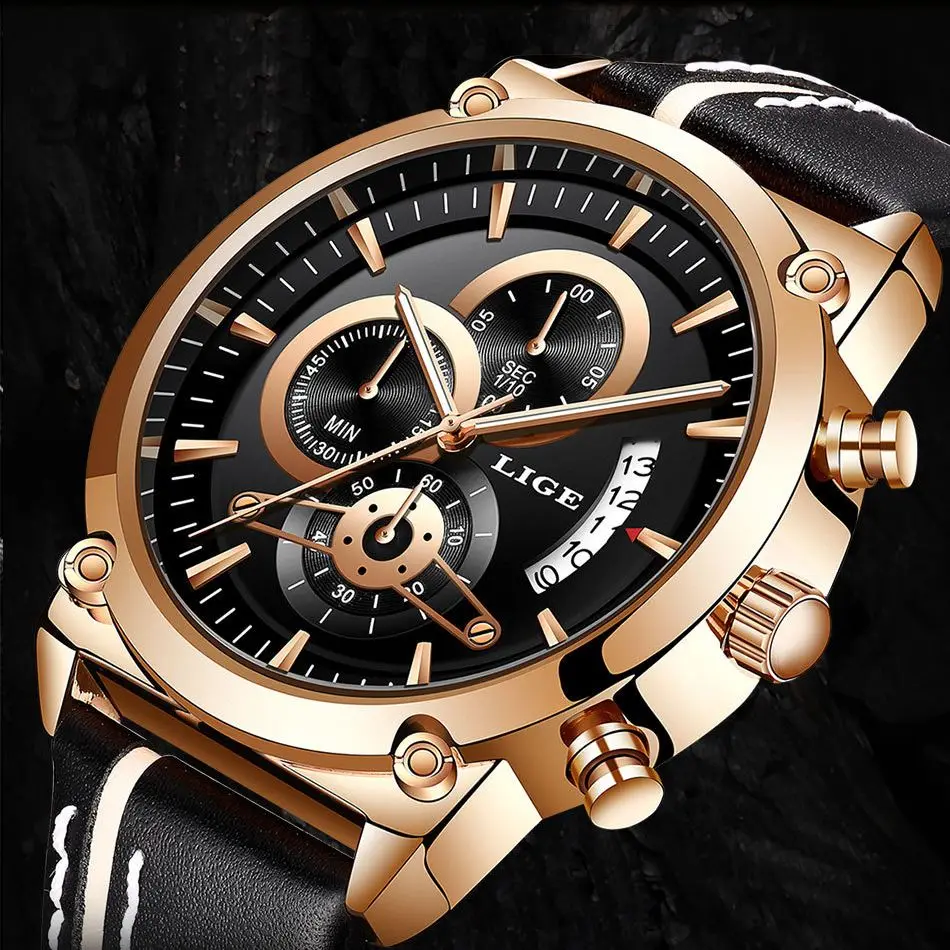 

Fashion Men's Watches LIGE 9933 Waterproof Leather Men Chronograph Luxury Calendar Quartz Business Wristwatches Man Reloj Hombre