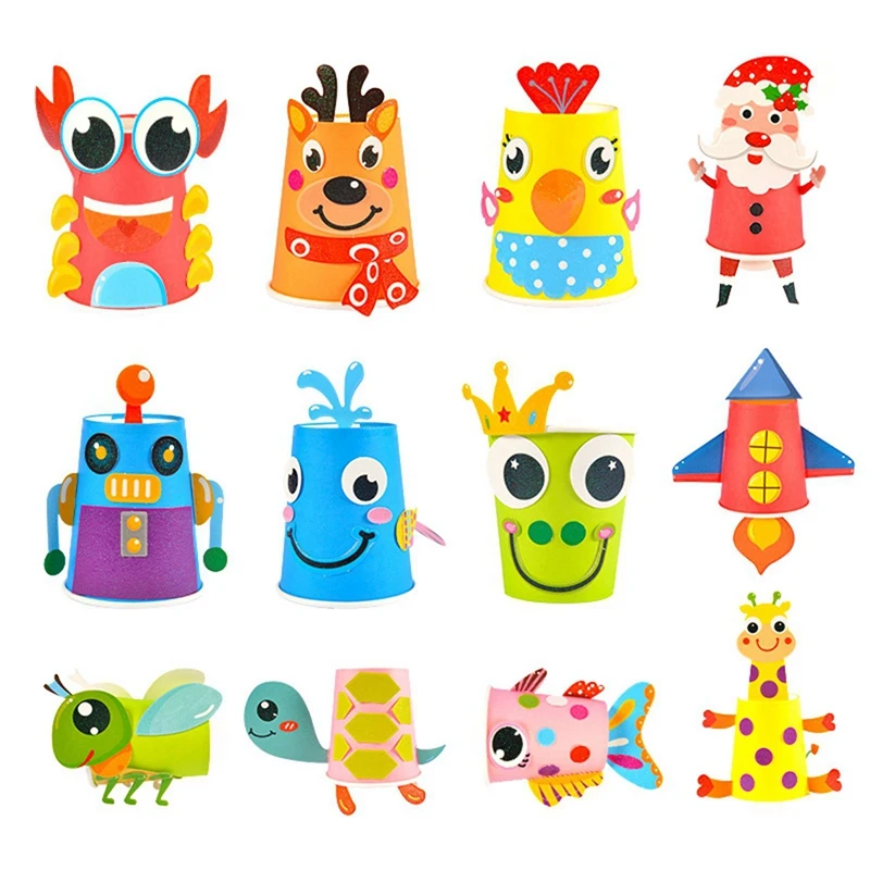 

Children Clockwork Spring Toy Creeping Insect with 12Pcs Children 3D Diy Handmade Paper Cups Sticker Material Kit