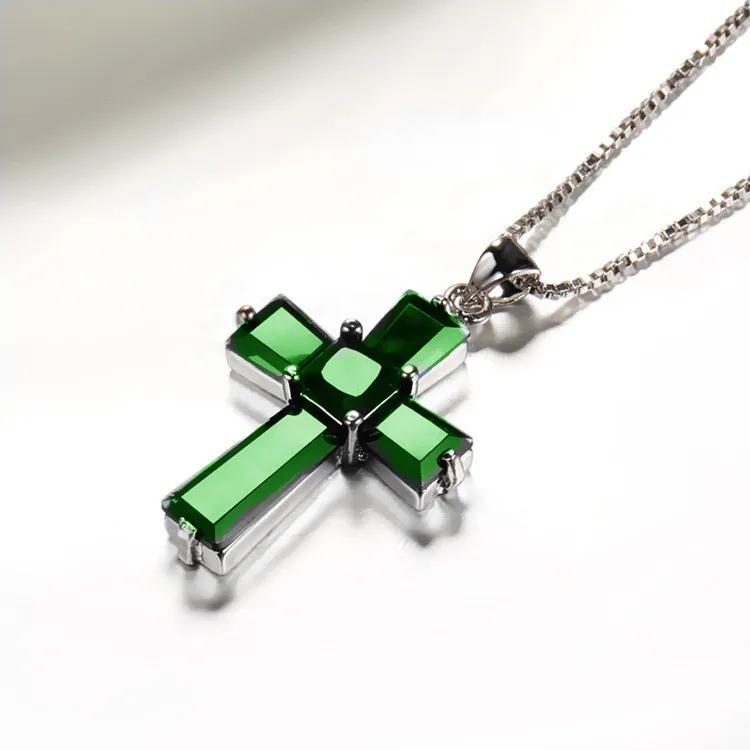 European and American colorful treasure lady ornament cross Emerald Pendant Amazon luxury irregular Zircon Necklace | Украшения и