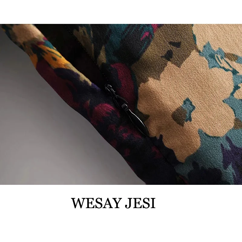 

WESAY JESI Elegant Floral Print Mini Dress Women Puff Long Sleeve Vintage Slim Dresses Fashion Side Zip Flower Short Vestido
