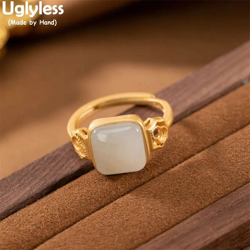 

Uglyless Natural Gemstones Jade Rings Women Hollow Gourds Open Rings Gold 925 Silver Simple Fashion Dress Jewelry Square Bijoux