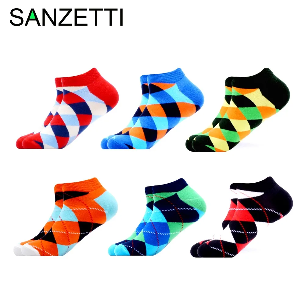 Сланцы SANZETTI 6 пар/лот Красочные мужские чесаный хлопковые носки новые летние счастливые носки до лодыжки Новинка полосатый Клетчатый узор носки