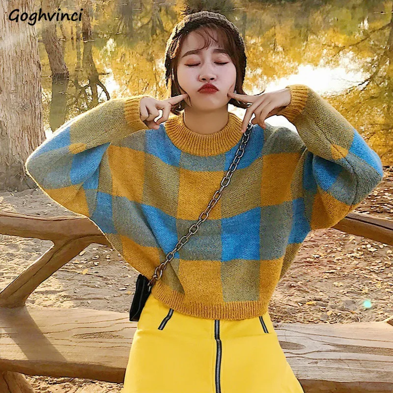 

Women Pullovers O-neck Batwing Sleeve Plaid Classic Fashion Ulzzang Leisure Popular Sweet Lovely Ins Student Chic Sweater Ladies