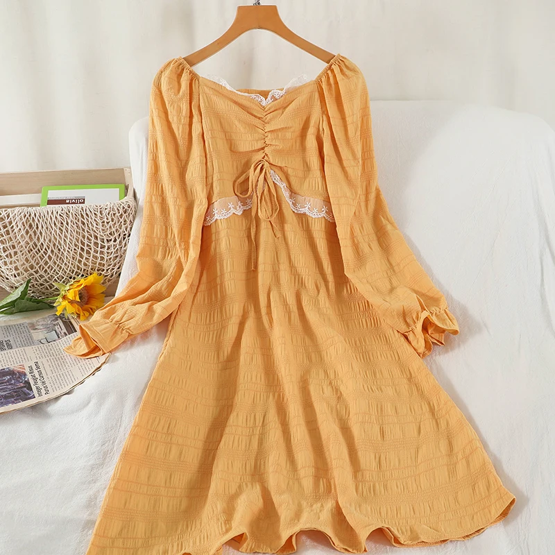 

Ruched Dress Midi Puff Sleeve Vintage Long Sleeve Dress Woman Lace Patchwork Elegant Autumn Winter Dresses For Women 2021 Yellow