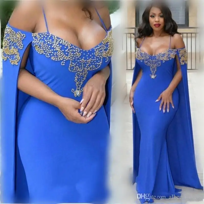 

Blue Prom Dresses Spaghetti Gold Beading With Cape Mermaid Evening Dresses African Vestidos Plus Size Pageant Dress Party Gown