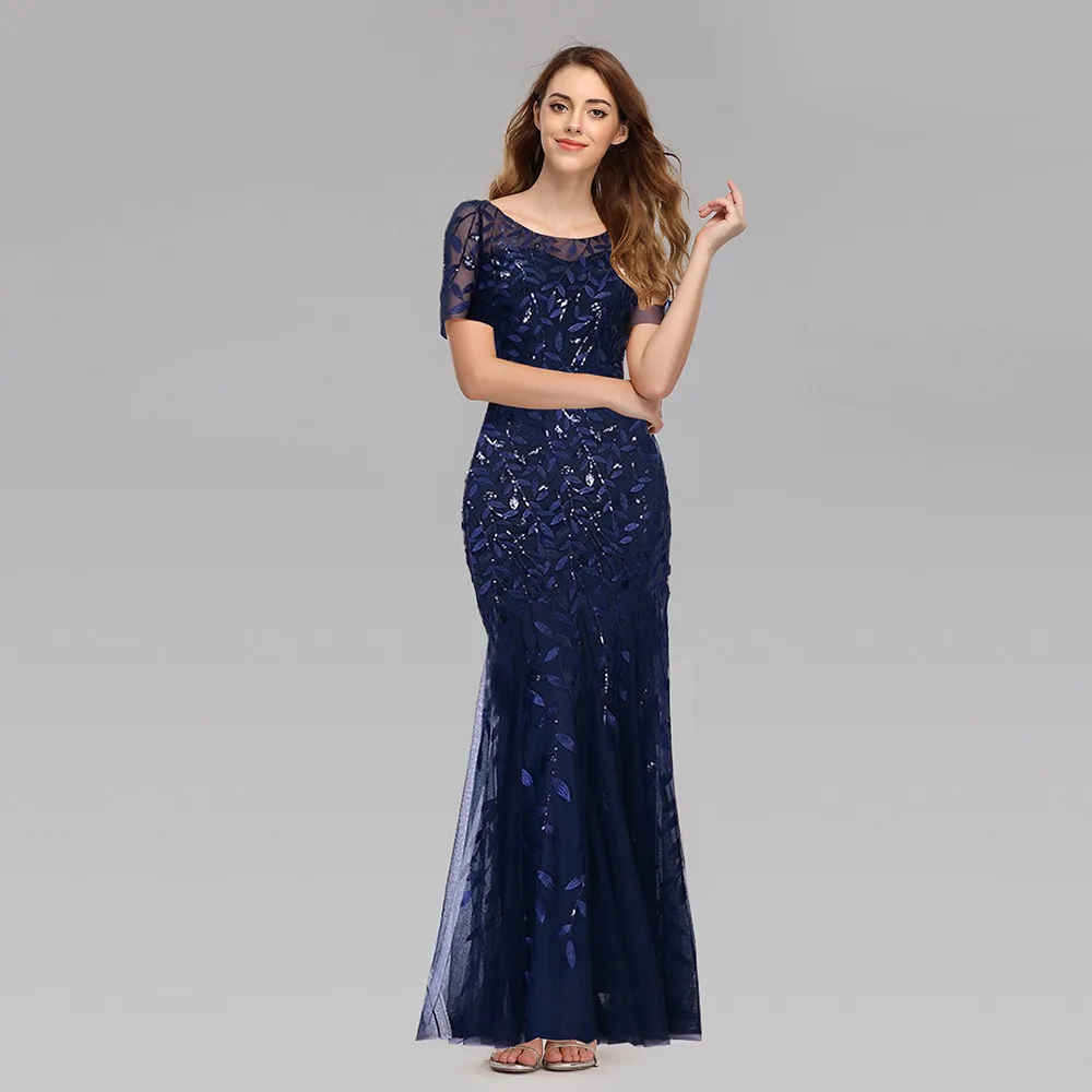 Navy Blue Модное Тюлевое платье подружки невесты с круглым вырезом и аппликацией,, короткий рукав, длина до пола, простое бордовое свадебное платье - Цвет: Navy Blue