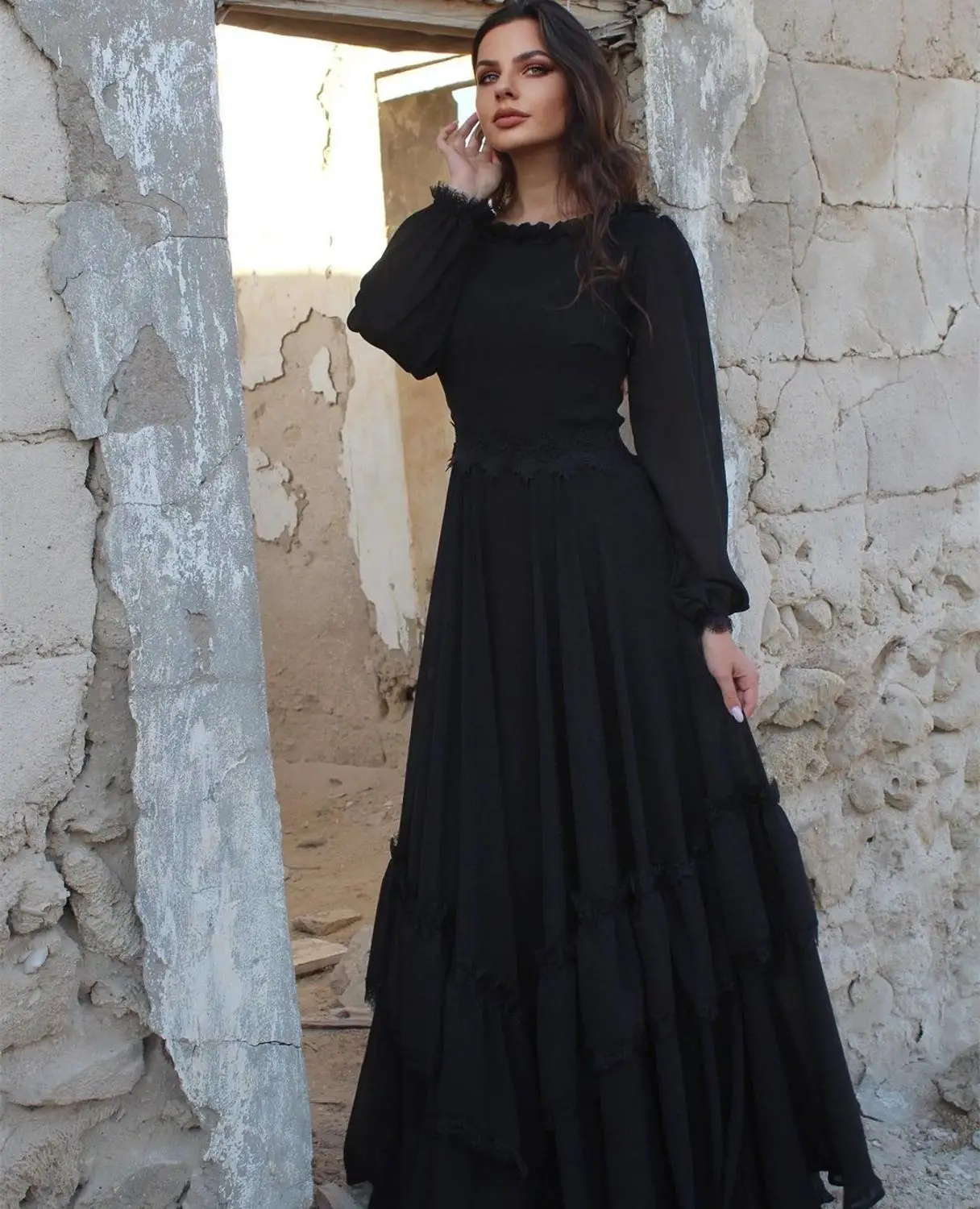 Женское шифоновое вечернее платье, Черное Шифоновое Платье-трапеция с длинным рукавом и круглым вырезом, с шлейфом