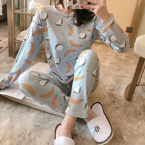 Pajamas suit Осенне-зимний пижамный комплект для женщин, полосатый хлопковый Длинный топ, длинные штаны, комплект из 2 предметов, пижамный комплект для женщин, милая одежда для сна, пижама для девочек - Color: Pajamas suit