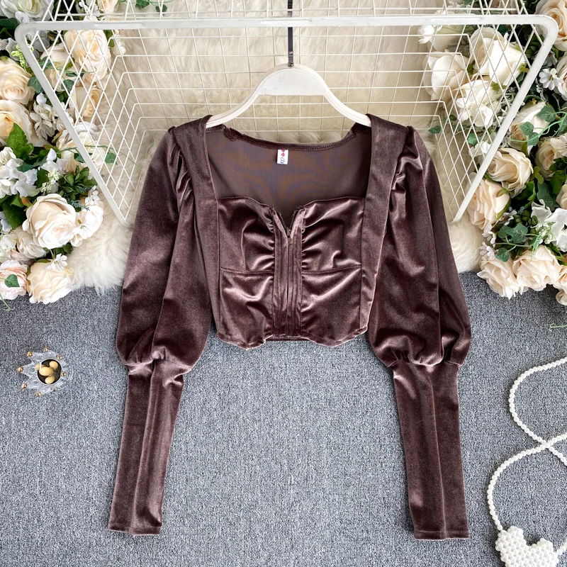 

Women Retro Design Square Collar Zipper Closure Puffy Sleeve Velvet Top Sexy Short Top