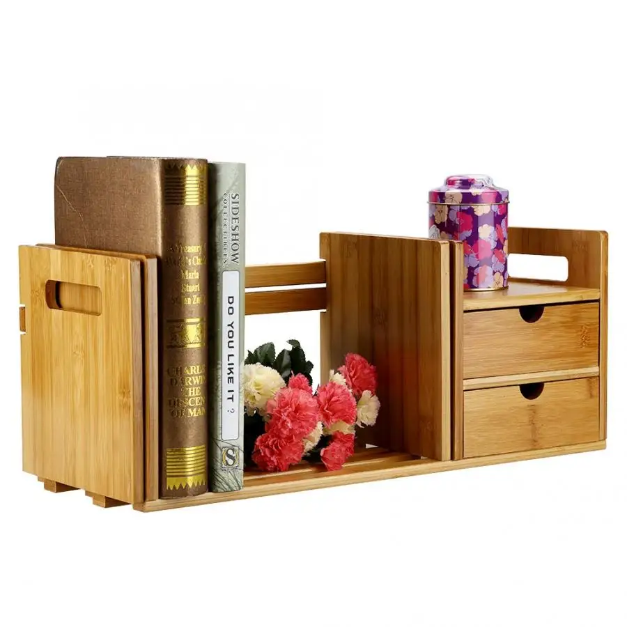 Bamboo Wood Extendable Desk Tabletop Book Rack Bookshelves Bookcase Organizer with 2 Drawer High Quality |