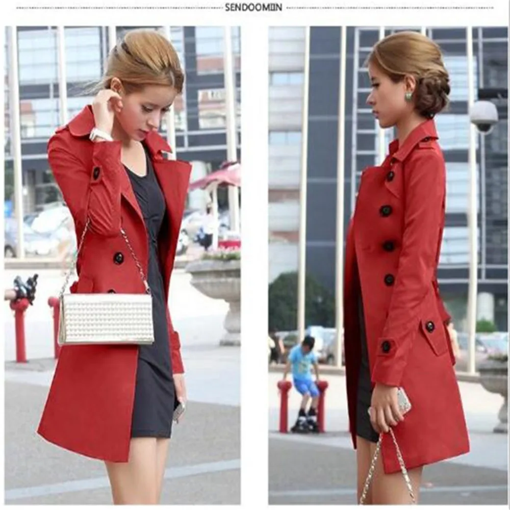

European American Fashion Spring Autumn Women's Coat Belt Mid-Length Windbreaker Jacket Clothes Outerwear Overcoats