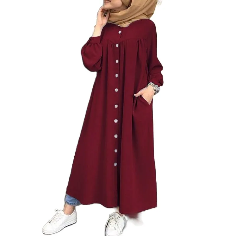 

Women's Muslim New Pure Color Long Sleeve Shirt Dress Casual Bag Robe