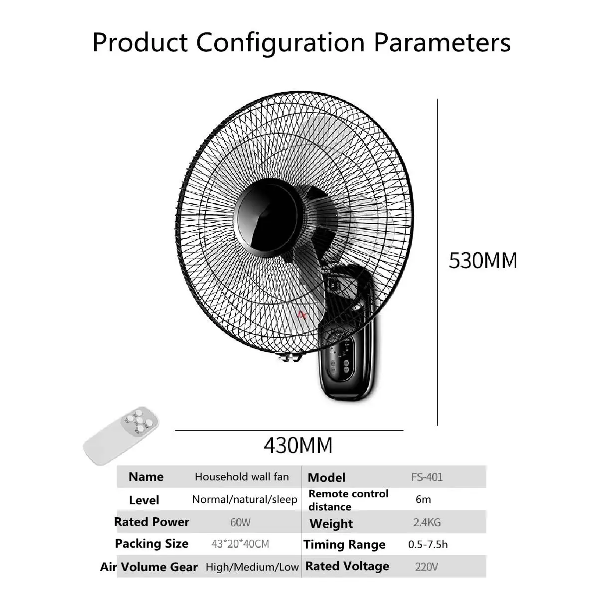 

16 Inch Home Wall Mounted Fan 60W Low Noise Oscillating Fan 3 Levels Adjustable Air Cooling Fan Industrial Wall-Mounted Fan 220V