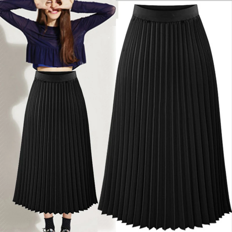 

New Women's Pleated Solid Color Long Casual Skirt Faldas Mujer Moda 2019