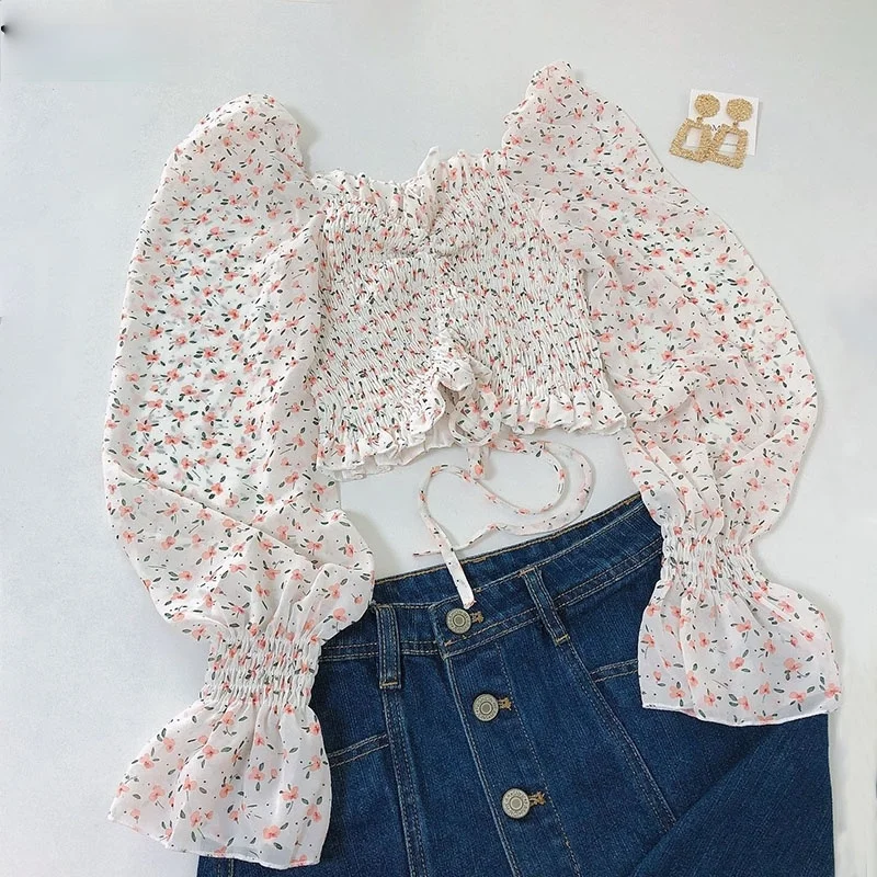 

Boho beach print blouses shirt women long sleeve ruffle short blouse tops female blusas
