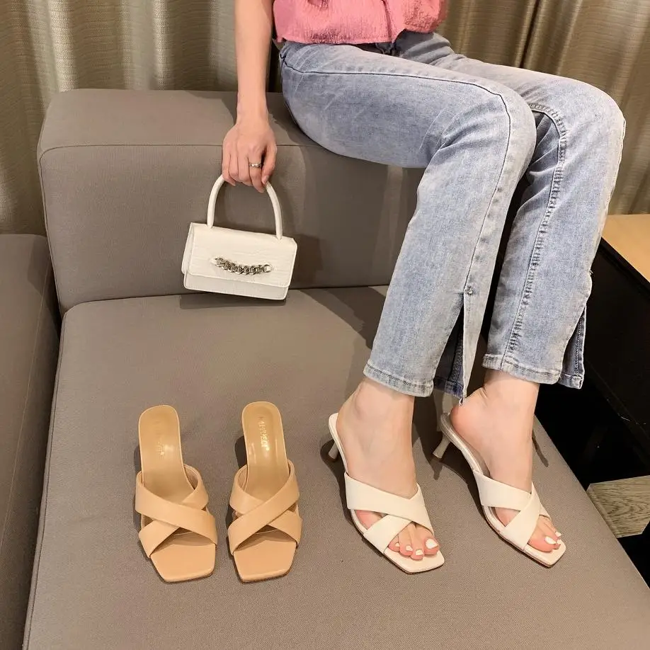 

ZAR 2021 Summer New Fashion Square Toe High Heels Sexy Outer Wear Stiletto Muller Sandals And Slippers Women Luxury Brand White