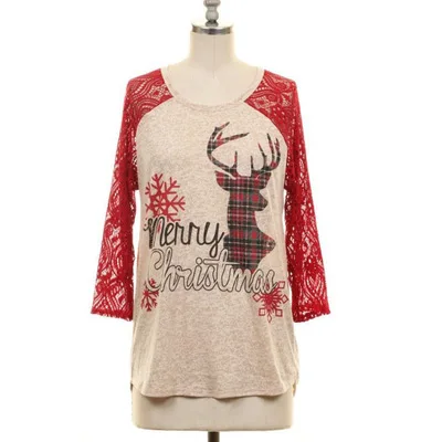 

Рубашки с длинным рукавом, кружевная футболка, Рождество, популярны осенью и зимой