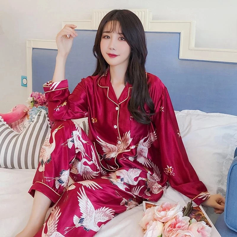 Long Sleeve Women's Pajama Set Silk Spring Summer 2 Pcs Single Breasted Ladies Pijama Suit with Pants Pyjama Sleepwear Female