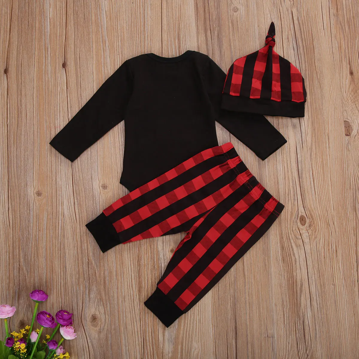 

Newborn Baby Girl Boy 0-18M Christmas Outfits Cute Letter Print Romper + Plaid Long Pants + Hat 3Pcs Clothes Set