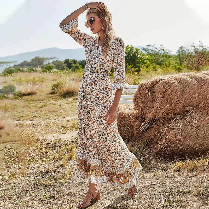 

Sweet Memory Spring Autumn Print Dress Women Vestidos V Neck Three Quarter Sleeve High Waist Long Robe 2021 Summer Dresss