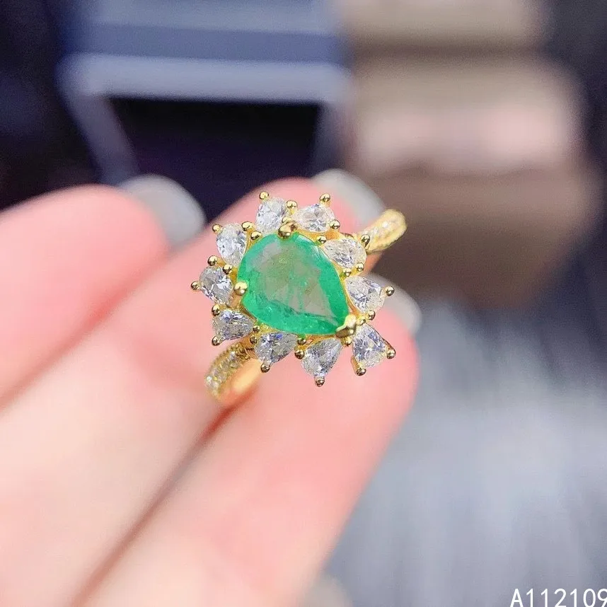 

Fine Jewelry 925 Sterling Silver Inset With Natural Gem Women's Luxury Fashion Water Drop Emerald Adjustable Ring Support Detect