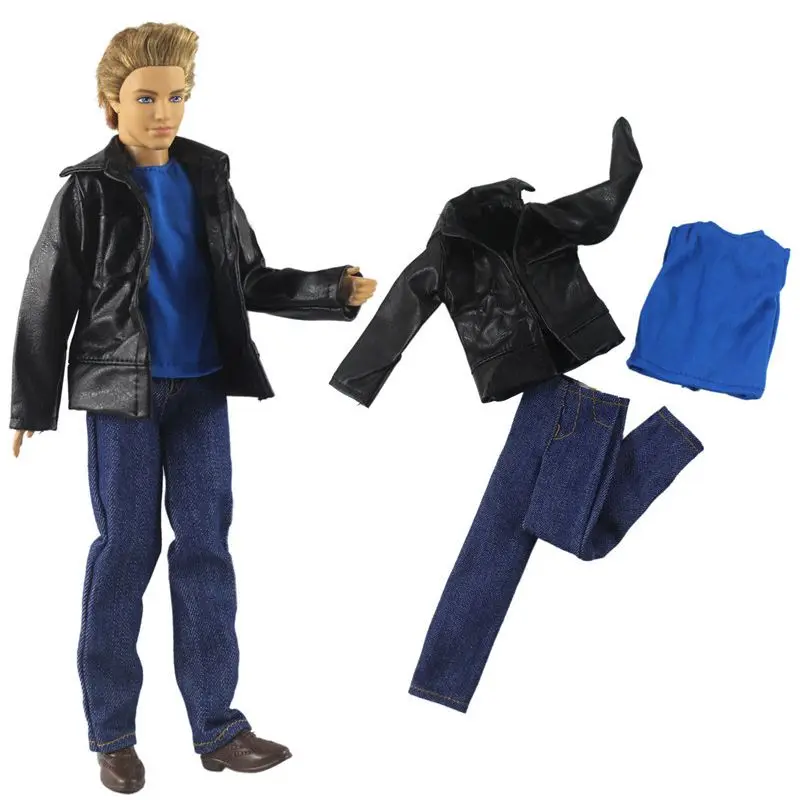 

Clothes Set for Ken Boy Doll Outfits Suit Shirt Denim Pants Trousers Black Leather Coat for Barbie's Boyfriend Ken Male DIY Toys