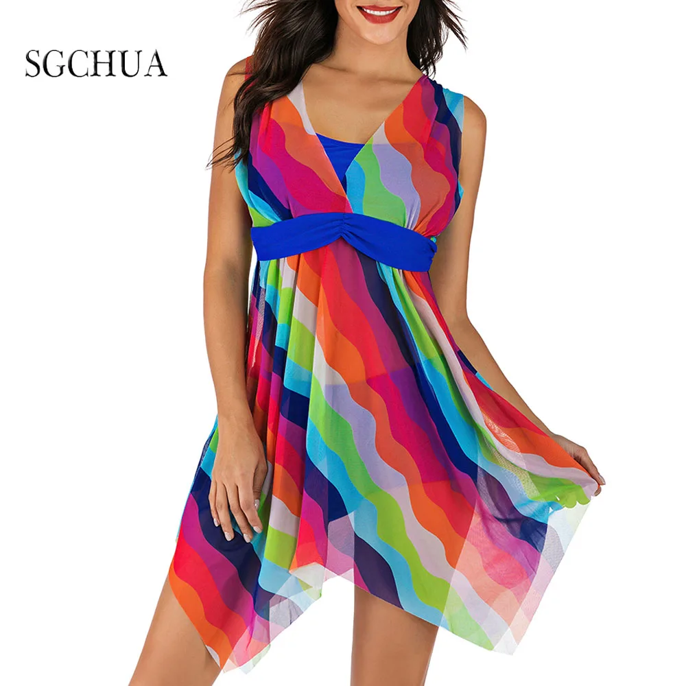 

Lrage Size Corlorful Striped Two Piece Swimsuit Women‘s 2021 New Blue Shorts Long Skrit Tankini Set Bathing Suit Biquini Famale