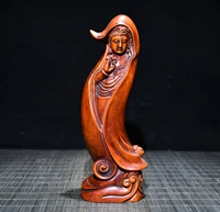 7china lucky old boxwood hand carved lotus guanyin bodhisattva standing buddha office ornaments town house exorcism