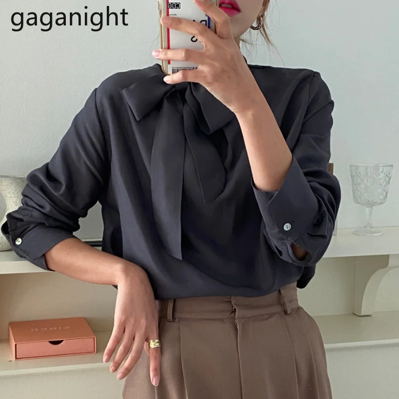 

Gaganight 2021 элегантные женские блузки в Корейском стиле с воротником-стойкой с бантом и поясом шикарные однотонные шифоновые женские рубашки с...
