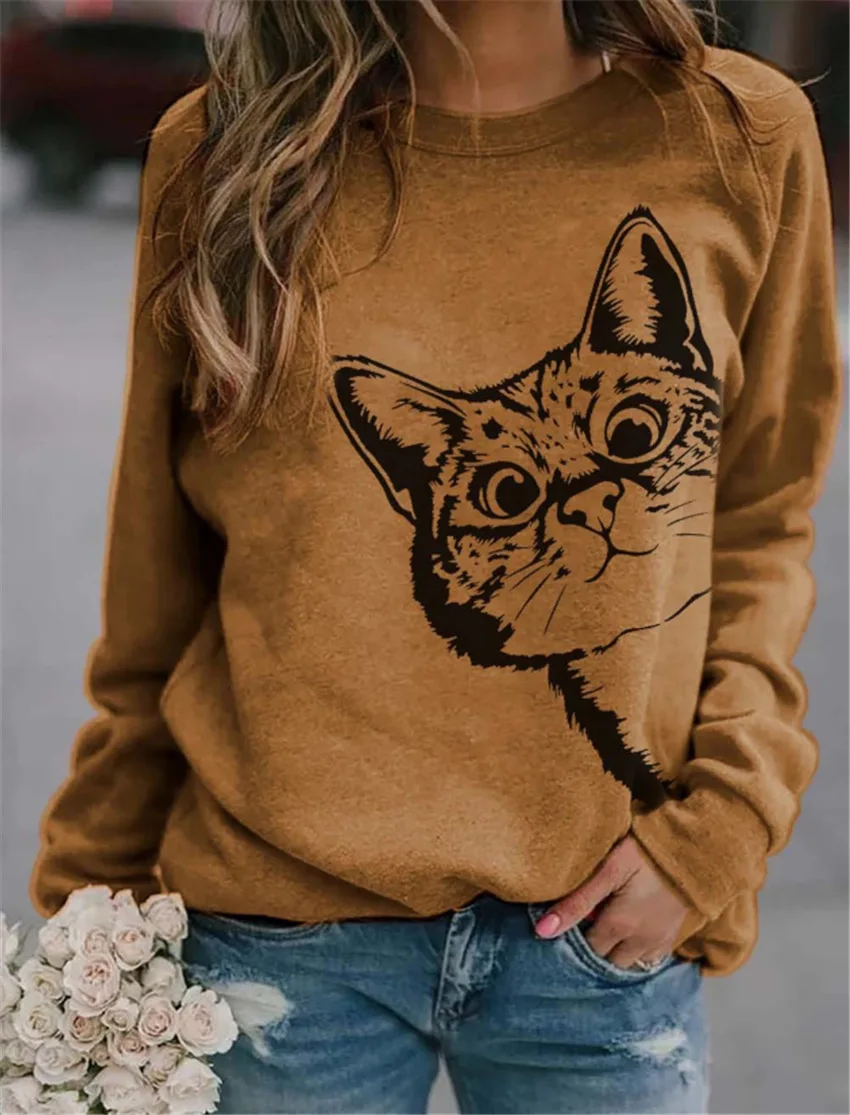 

Pullovers WomenT-Shirts Spring Autumn Kawaii Cat Print Clothes Casual Femme T-Shirts Long Sleeve Ladies Vintage Tops