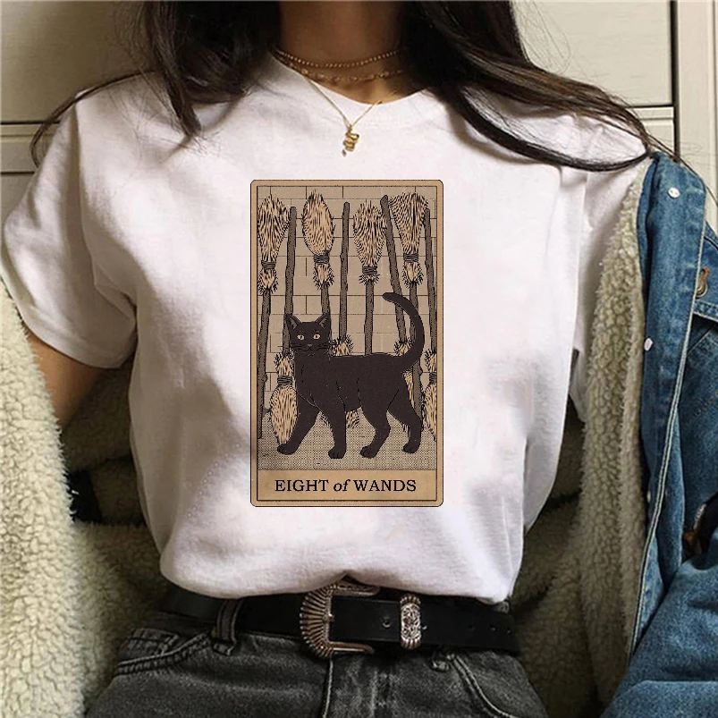 

White T-shirt Women Vintage Grunge Style Tee Tarot Card The Moon And Cat Aesthetic Harajuku Hipster Ulzzang Edgy Graphic Tees