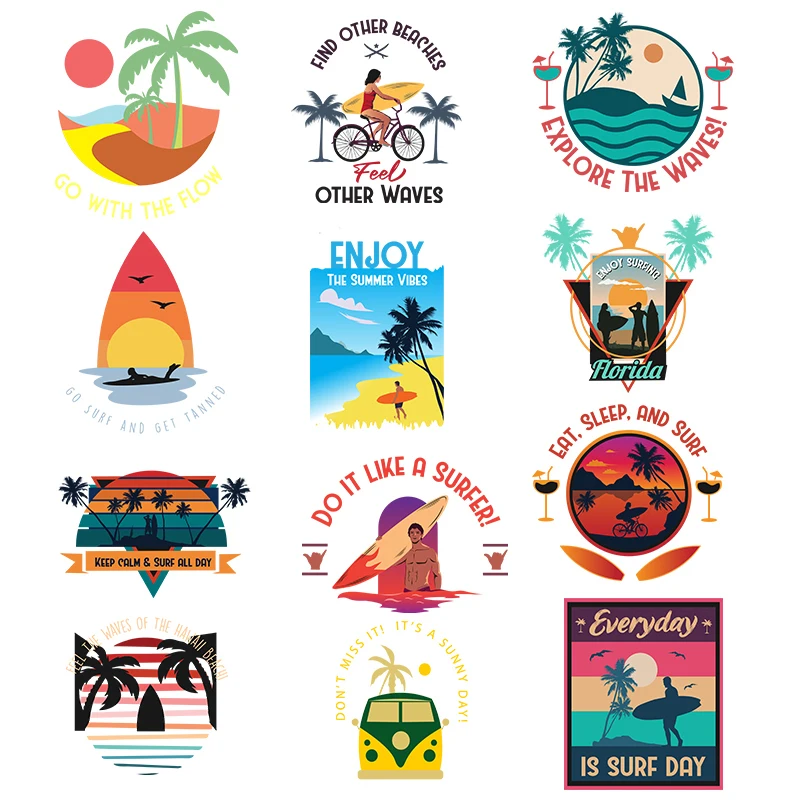 

Leisure vacation surfing Heat Transfer Vinyl Stickers On Clothes Sea Tree Iron On Patches For T-shirt DIY Washable Parches
