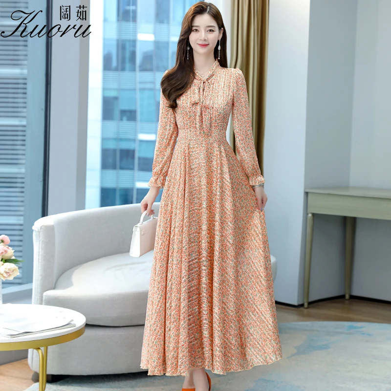 

Floral Casual Long Sleeve Dress Autumn Green Beach Streetwear Dresses For Women Party Size S-4XL Robe Longue Chiffon Vestidos