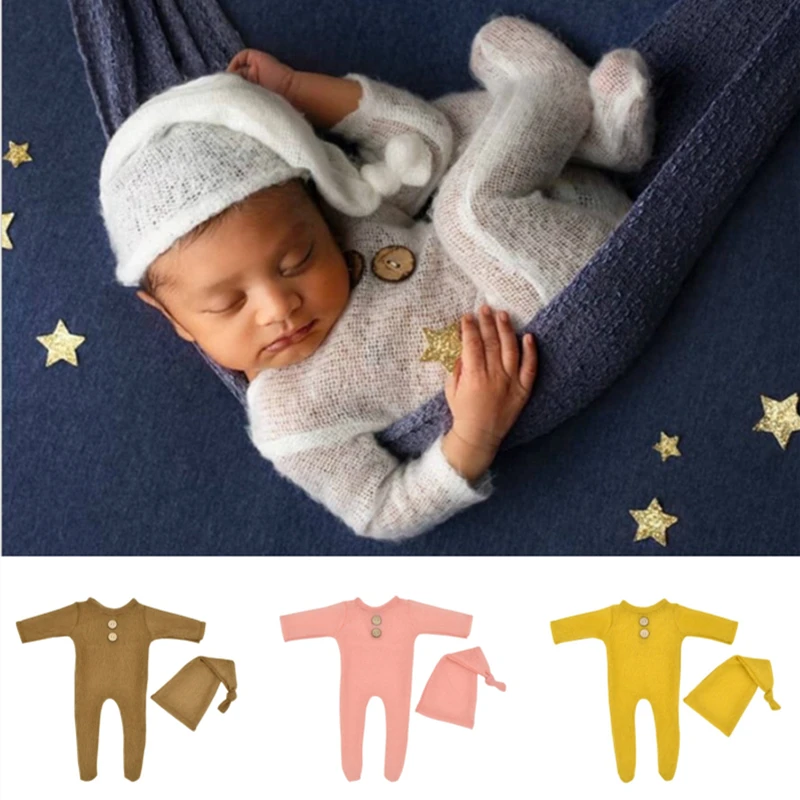 Dvotinst Newborn Baby Photography Props Outfits Knit Button Rompers Hat Bonnet Fotografia Accessories Studio Shoots Photo Props