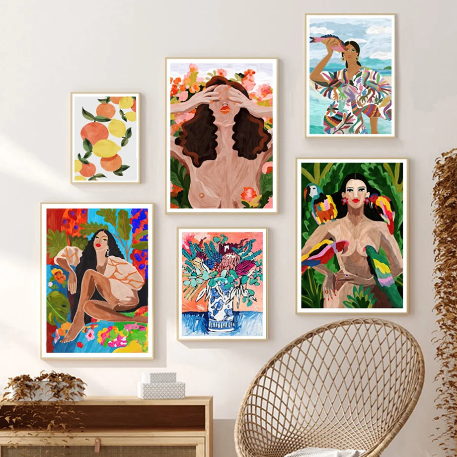 Винтажная картина маслом портрет девушки тропический цветок попугай настенные