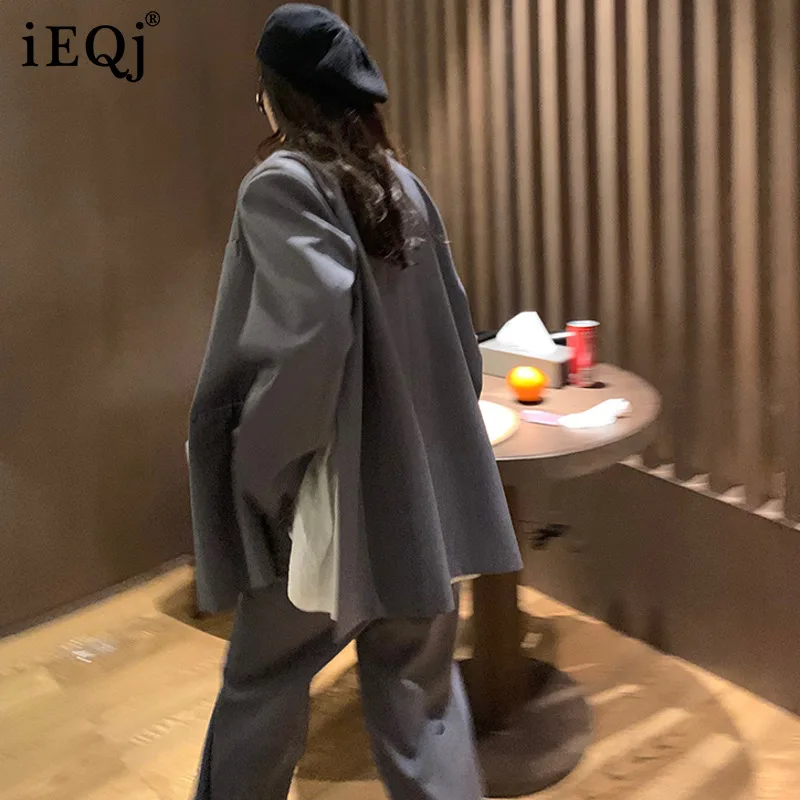 

IEQJ Women Fashion Temperament Grey Suit With Large Slits On Both Sides Spring 2021 New Notched Design Sense Loose Casual Blaze