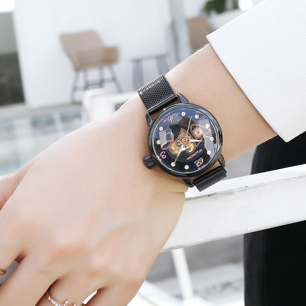 

MG.ORKINA Skeleton Mechanical Women Watches Black Ladies Watch Transparent Automatic Watch Women Mechanic Clock relogio feminino