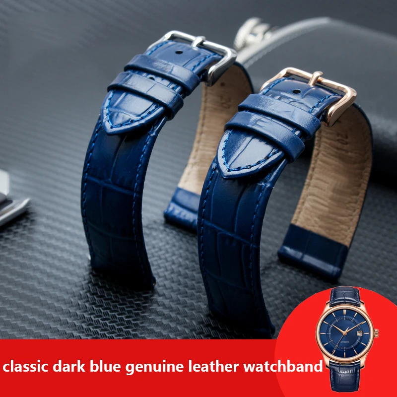 

Dark Blue Classic Genuine Leather Watchband For Men's Brand Wristband 18mm 20mm 22mm Strap With Stainless Steel Clasp