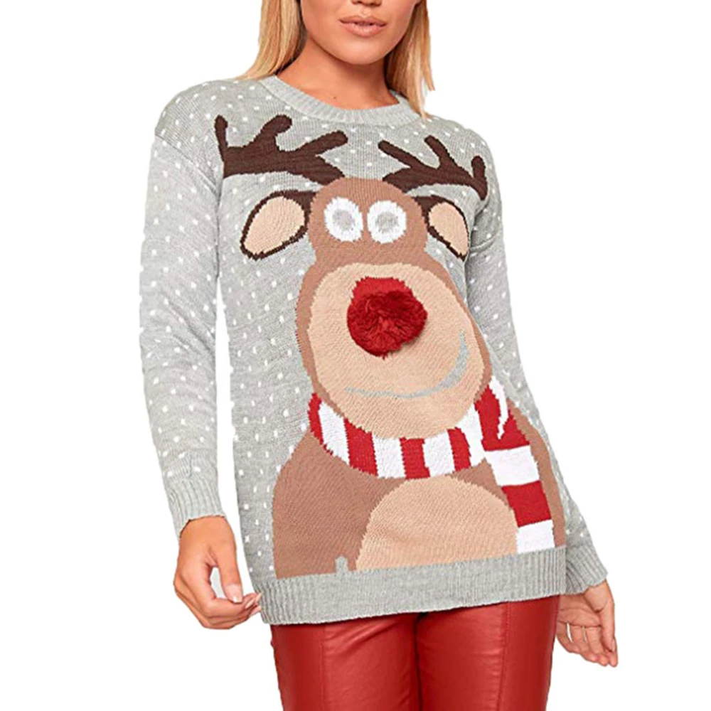 Рождественский женский свитер с рождественским оленем теплый вязаный красный